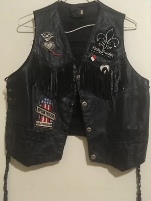 HOT LEATHERS женщин из черной кожи бахрома нашитый мотоциклетный жилет размер M не HD - Изображение 1 из 4