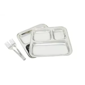 2 Stainless Steel Kids Dinner Plates Fork Baby Toddler Picnic Camping Tray 10'' - Picture 1 of 4