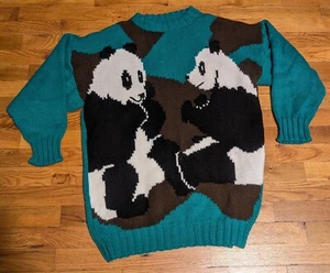 Vtg Panda Bear Sweater - Large / XL - No Tag - Green Oversized Animal Pullover - Foto 1 di 22