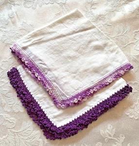 Vintage Pair of White Linen Crocheted Edge Handkerchiefs Lavender/Purple 11” - Picture 1 of 5