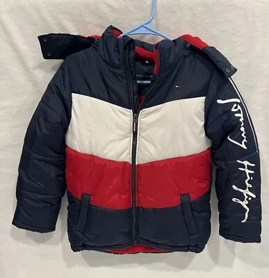 Abrigo acolchado Tommy Hilfiger para niños talla mediana 10/12 azul marino, rojo y blanco Foto 1 de 4