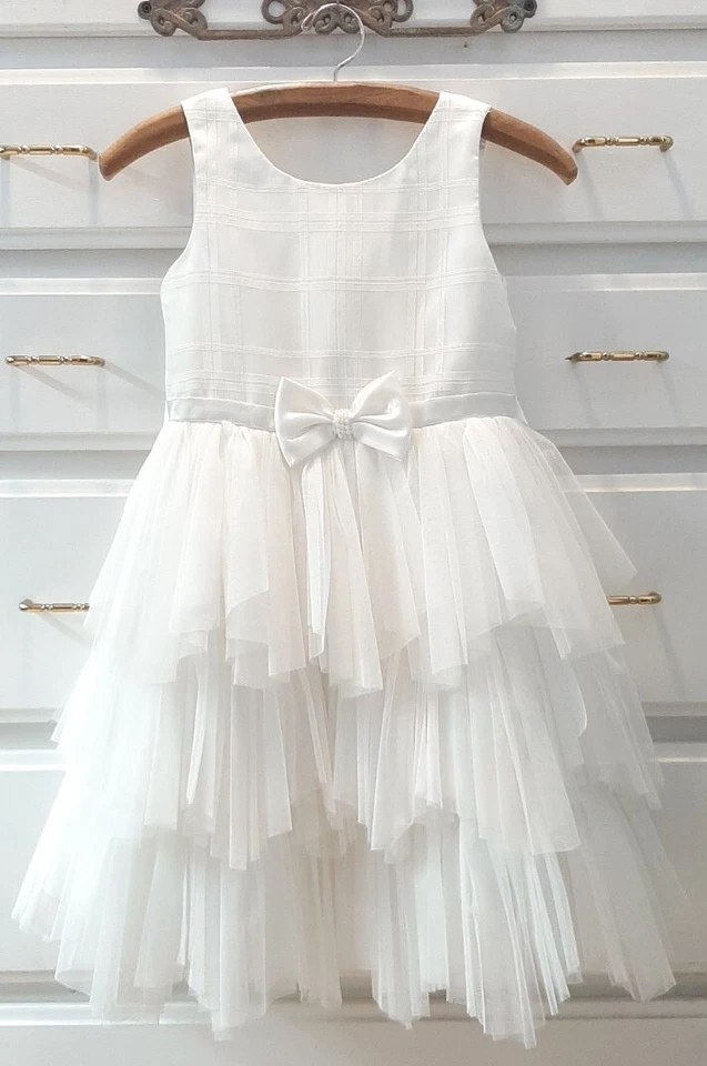 American Princess Sz8 Formal Dress Tiered Tulle Pearl & Satin Bow Classic Ivory - Image 1 of 4