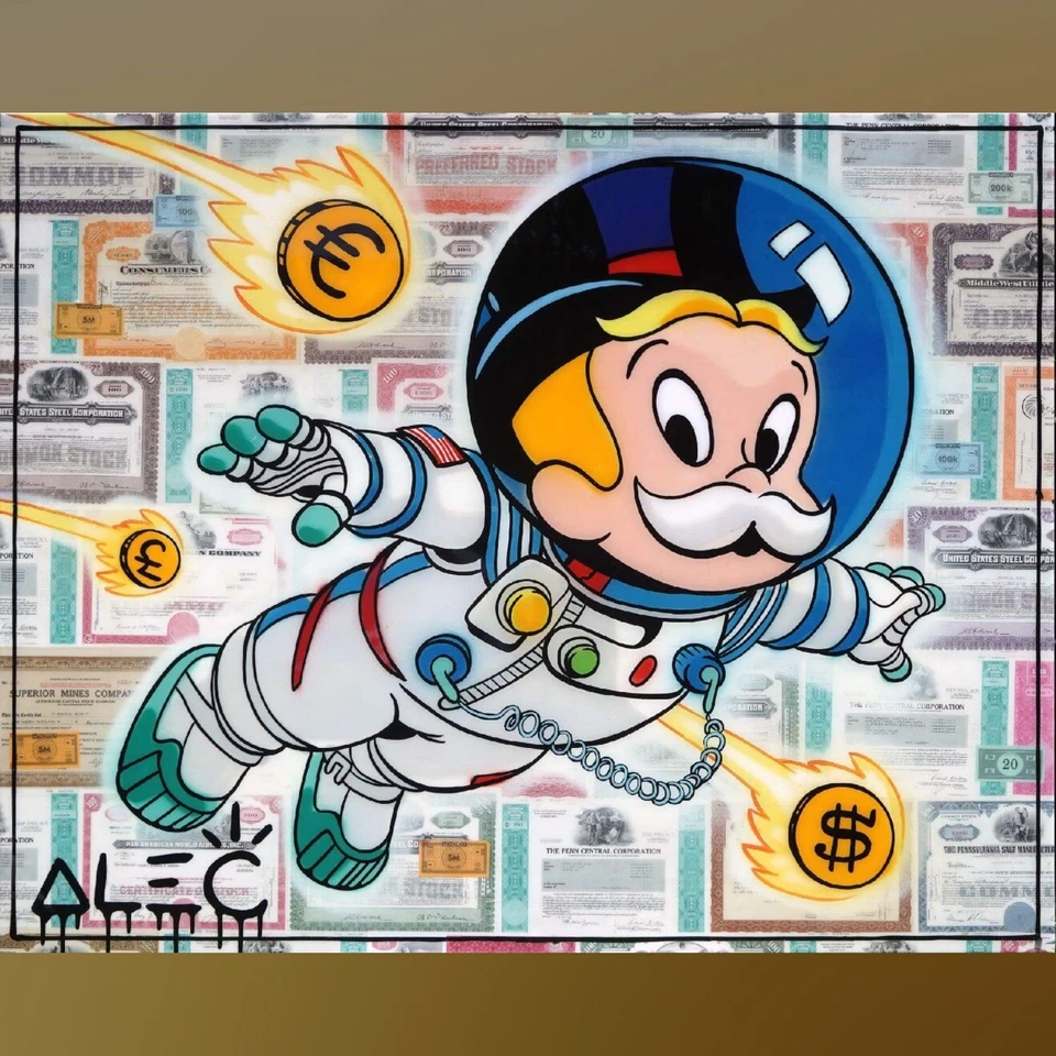 Alec Monopoly Astronaut Rags Two Richie Flying Crypto Print On Canvas 24x36” 1:1 - Image 1 of 1