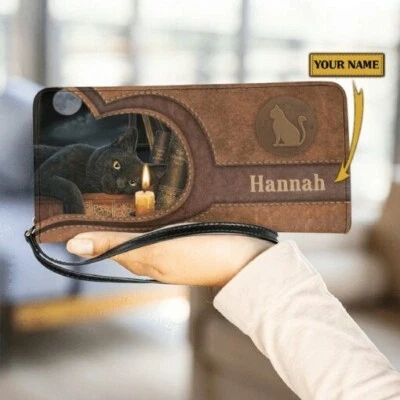 Cartera sin asas personalizada de cuero para dormir de gato negro, billetera negra para amantes de los gatos regalo Foto 1 de 2