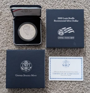 2009 Proof Silver Dollar Louis Braille Bicentennial OGP - Picture 1 of 3