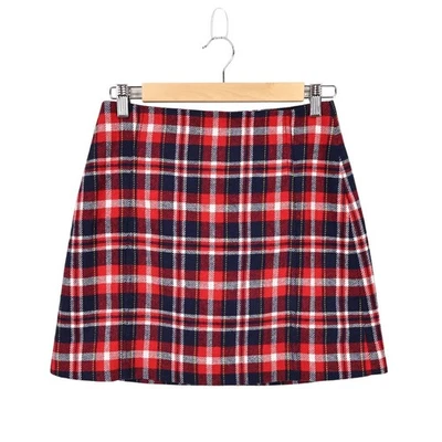 NWT J.Crew Wool Blend A-Line Mini Skirt Lined In Plaid Red Navy Size 2 - Image 1 of 4