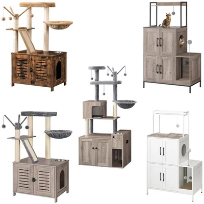 Katzenbaum mit katzenklo Schrank Katzenbaum Turm Katzentoilettenmöbel Futternapf - Bild 1 von 2