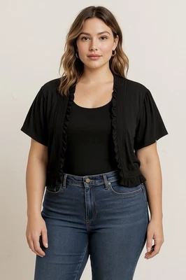 American Rag Cie Women’s 2X Black Shrug Cardigan Short Sleeve Ruffle Open Front - Image 1 of 4