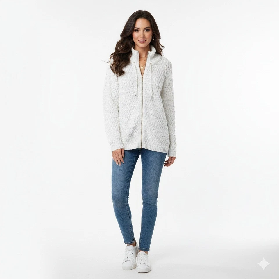 Liz and Co Cardigan Womens 1X White Cable Knit Heavyweight Lounge Cozy Sweater - Image 1 of 4