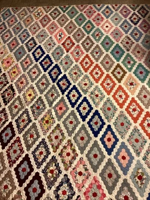 Antique Hand Stitched Field Of Diamonds Honeycomb Patchwork Quilt 68” X 80” +EUC - Image 1 of 4