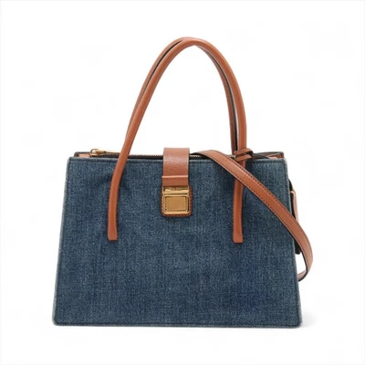 Miu Miu Madras denim x leather 2 Way Handbag navy x brown 5BA104 - Image 1 of 4