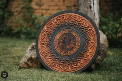 Vegvisir Round Wooden Antique Viking Shield Icelandic Runic decorative Designer - Image 1 of 4