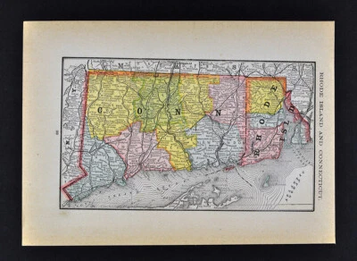 Mapa McNally 1884 Connecticut Rhode Island Providence New Haven Newport Mystic Foto 1 de 2