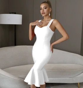 NUEVO VESTIDO DE DISEÑO DE ALTA COSTURA CLÁSICO BLANCO VENDAJE SEXY CONSERVADOR CON VOLANTES INFERIOR - Imagen 1 de 7