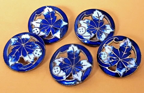 One Pierced Antique Enamel Button with Blue Leaf  9/16" Cover
