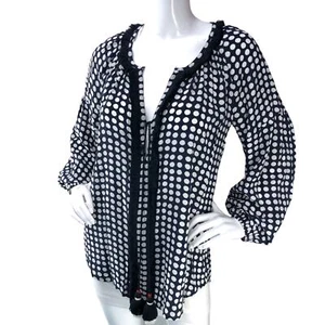 Figue Womens Size S Blouse Navy Blue White Polka Dot Top Ruffle Trim Tassels - Picture 1 of 14