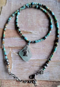 Sea Glass Turtle Necklace Beaded Handmade Pastel Green Aloha Hawaii Honu - Picture 1 of 6