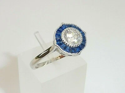 Anillo de zafiro azul y blanco de plata maciza 925 con diseño de halo Art Deco para dama Foto 1 de 4