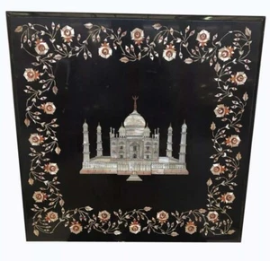 24" Square Black Marble Table Top Tajmahal Pietra Dura Work Bedroom Furniture - Picture 1 of 8