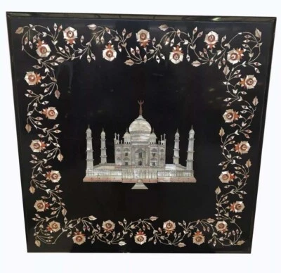24" Square Black Marble Table Top Tajmahal Pietra Dura Work Bedroom Furniture - Image 1 of 4