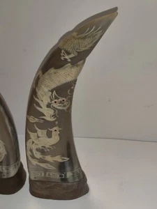 Gorgeous Vintage Asian Water Buffalo Horn Scrimshaw Dragons - Bild 1 von 17
