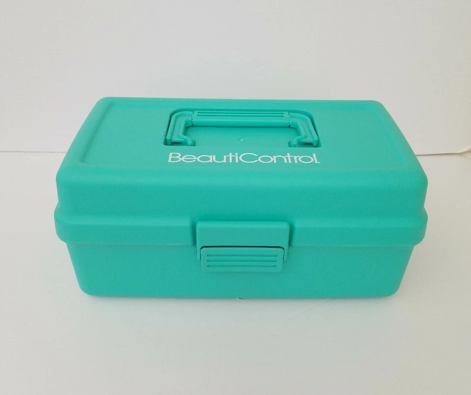 Vintage Beauticontrol Teal Green Makeup Case Tiered With Compartments 13" long - Image 1 of 4