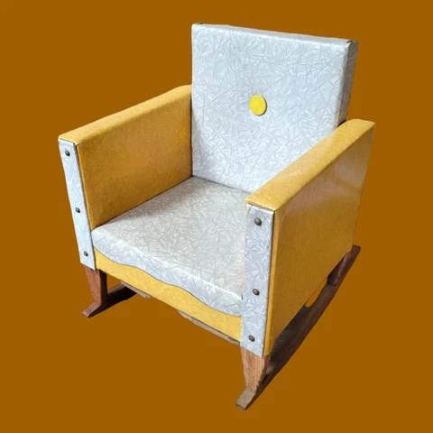 Vintage Yellow Cream Vinyl Mid Century Child's Mini Rocking Chair Wooden Legs Cover