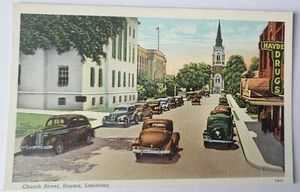 VTG 1940 PC CHURCH STREET HOUMA LA CARS HAYDEL'S DRUGS TEICH ARCHIVES MINT - Picture 1 of 2