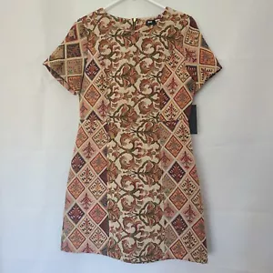 Fashion Union Sz S Tapestry Brown Neutral Mix Print Short Sleeves Mini Dress - Picture 1 of 4