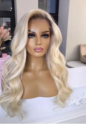 Long Blonde Wavy Wigs Lace Front Wig Ombre Blond White Blond Dark Roots Glueless - Image 1 of 4