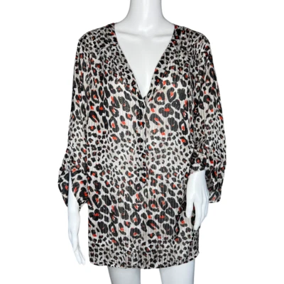 Rebecca Malone Blouse Womens 2X White Red Cheetah Print Leopard Office Casual - Image 1 of 4