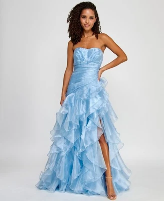 Say Yes Juniors' Ruffled Strapless Ball Gown - Light Blue - 1/2 - Image 1 of 4