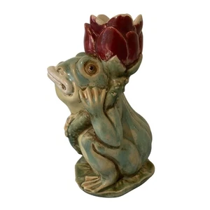 Majolica Chinese Frog Holding Lotus Flower Figurine Candle Holder - Bild 1 von 7