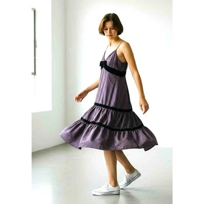 Vestido midi Tracy Reese $350 100 % seda púrpura negro ribete correa espagueti talla 10 Foto 1 de 4