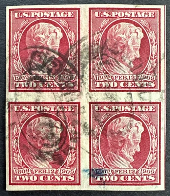 US 1909 Sc# 368 Used Imperf Block of 4 SP OG Cancellation Abraham Lincoln - Image 1 of 2