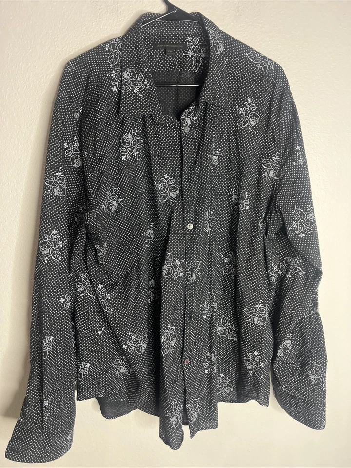 JOHN VARVATOS Men's Button Down Shirt XXL Black Long Sleeve Dress Floral Skull - Image 1 of 4