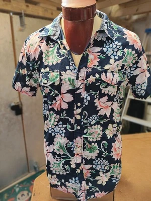 Tommy Hilfiger Hombre L Camisa Botón Abajo Azul Marino Rosa Melocotón Floral Manga Corta Foto 1 de 4