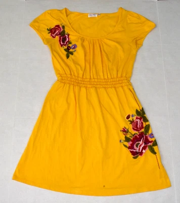 Vintage Cotton Dress Funky People Size M 90s Lemon Yellow Embroidered Red Roses - Image 1 of 4