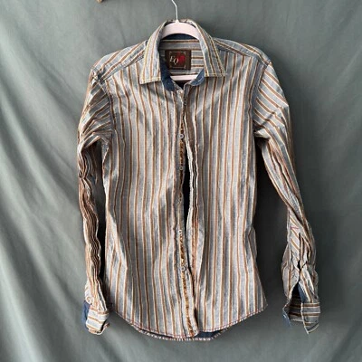 EQ Equilibrio Rooster Mens Shirt Small Gray Brown Striped Long Sleeve Button-up - Image 1 of 4