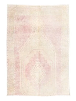 Alfombra Oushak Turca Vintage 4x5,7 pies - Rubor Desteñido y Marfil - Lana Decoración Japandi Foto 1 de 4