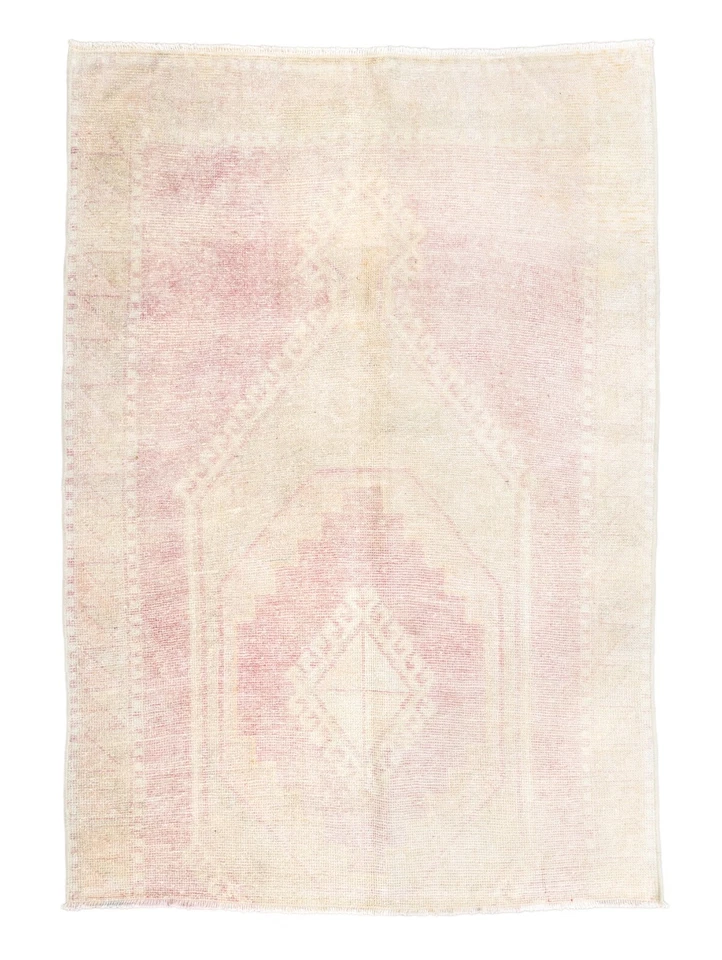 4x5.7 ft Turkish Vintage Oushak Rug – Faded Blush & Ivory – Japandi Decor Wool - Image 1 of 4
