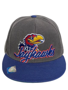 Vintage Kansas University Jayhawks Spellout Snap Back Hat cap NCAA Gray/Blue - Picture 1 of 10