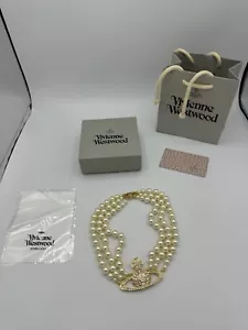 Vivienne Westwood Three Row Gold Pearl Bas Relief Necklace Choker NEW - Picture 1 of 6