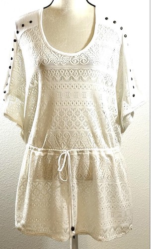 OFF WHITE Top da donna DOTTI bianco a goccia cravatta vita impreziosita pizzo taglia plus M