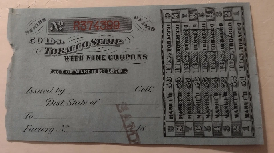 Bureau Of Printing & Engraving Tobacco Recipes 50lbs Act Of March 1st 1879 - Image 1 of 1