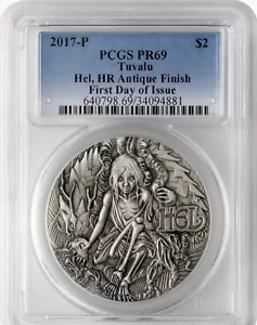 2017 Tuvalu Large 2 OZ.999 Silver Antique $2 Norse Goddess Hel PCGS PR 69 - Picture 1 of 2