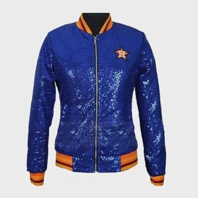 Mujer Houston ASTROS LENTEJUELAS Chaqueta Bomber Brillante Brillo Luna Azul Claro Chaqueta Foto 1 de 3
