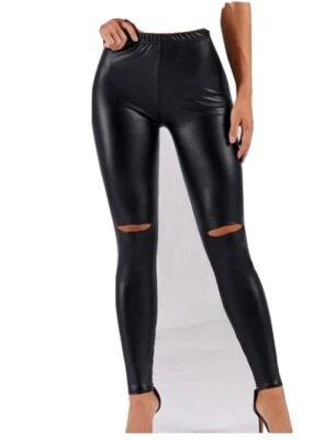 Leggings negros de imitación de cuero con abertura en la rodilla Foto 1 de 2