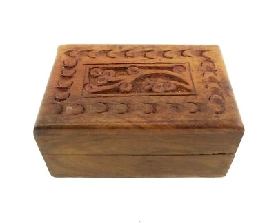 Small Wood Jewelry Box Carved Floral Design Keepsake Trinket Box C - Image 1 of 4