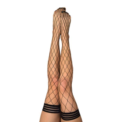 Kixies Michelle Black Fishnet Thigh Highs Stockings Tights No Slip Grip - Image 1 of 4